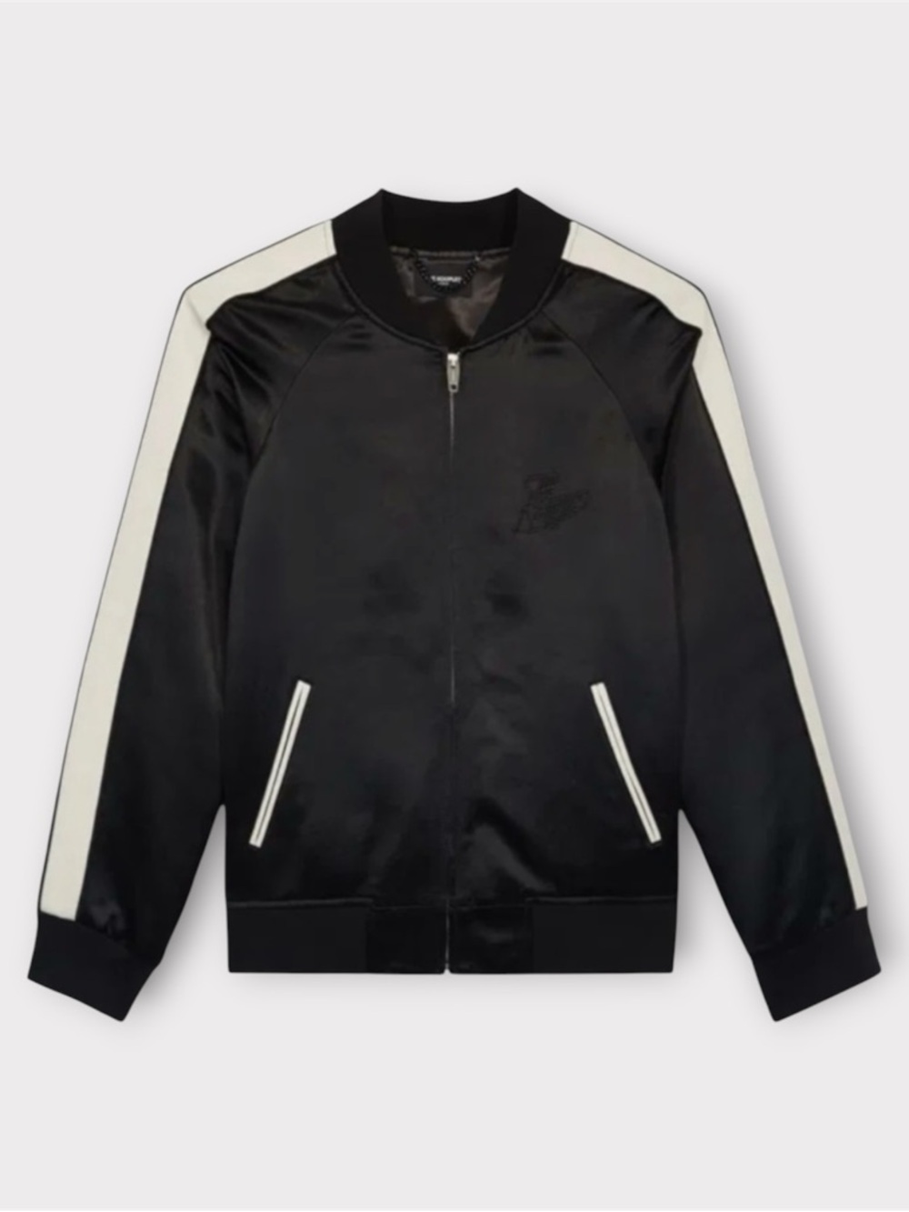 THE KOOPLES French Lux Varsity Satin Jacket in Black with Ivory Leather Stripes